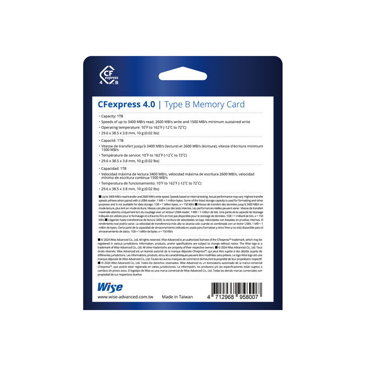 Wise WI-CFX4-B1024 - 1TB CFexpress 4.0 Type B Memory Card