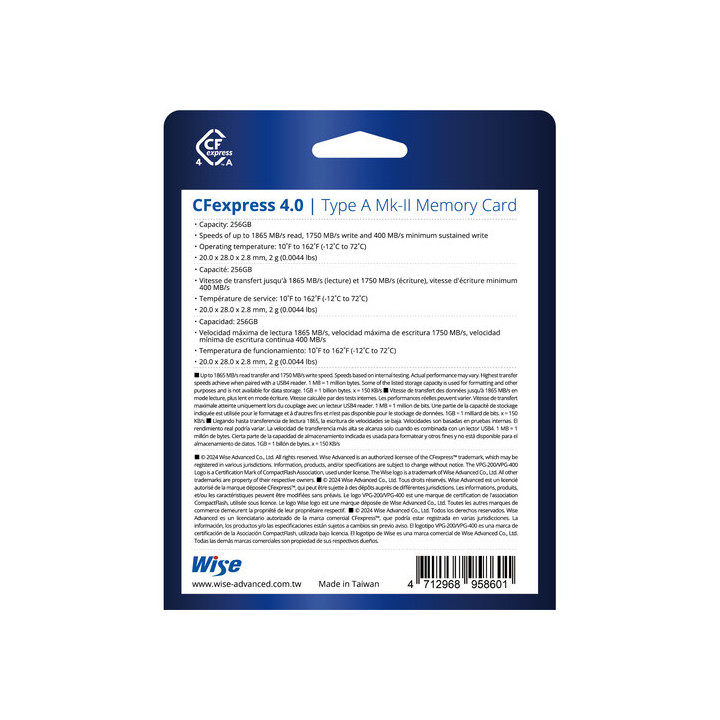 Wise WI-CFX4-A256M2 - 256GB CFexpress 4.0 Type A Mk-II Memory Card