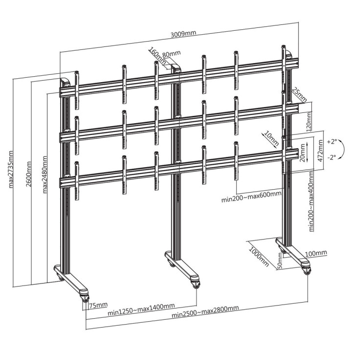 Kimex 031-2900K2 - Video Wall Stand on Feet for 9 TV Screens 45"-50" with Casters