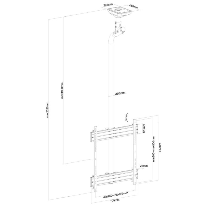 Kimex 031-4101K2 - Ceiling Support for 1 TV Screen Portrait Mode 65"-75" Height 225 cm
